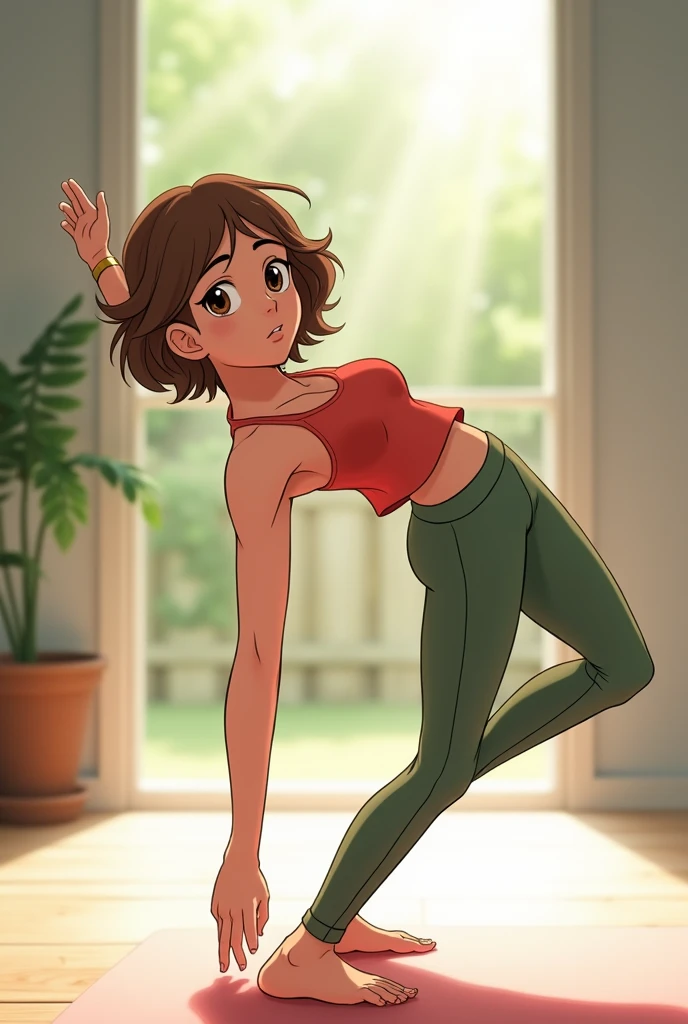 lynn loud doing the standing posture with legs open and bent forward
