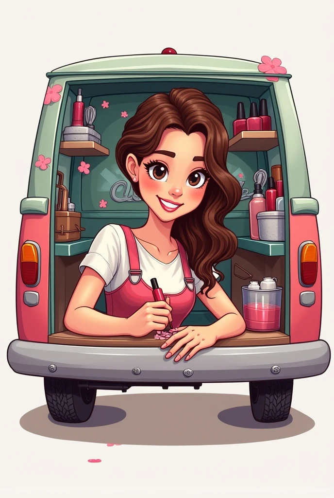 Cree un logo pour une onglerie sur roues dans un fourgon emménager,  whose name is Lulu Vroumette. There is a brown haired lady doing nails 