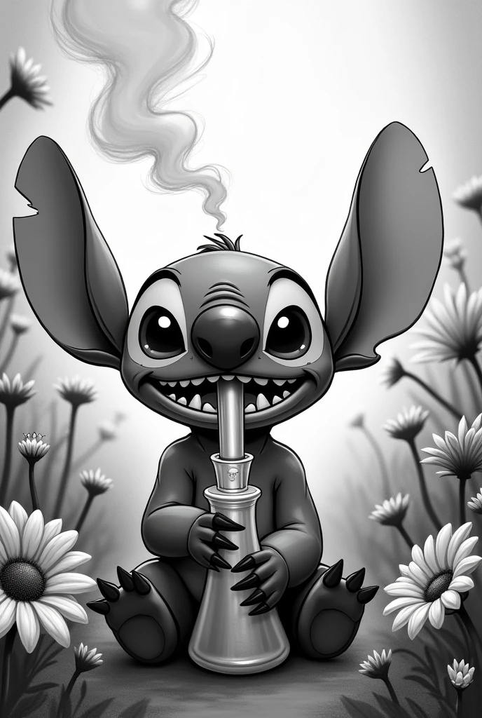 (stitch smoking on bong happy)(flowers around stich)(smoke in stitch's mouth)(black and withe)