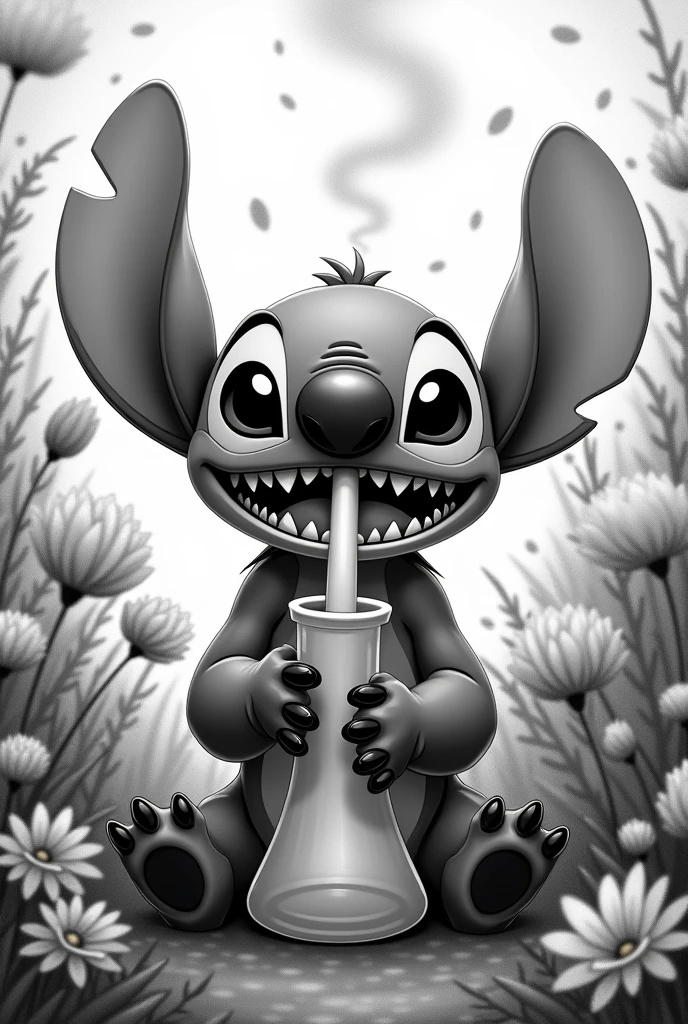 (stitch smoking on bong happy)(flowers around stich)(smoke in stitch's mouth)(black and withe)