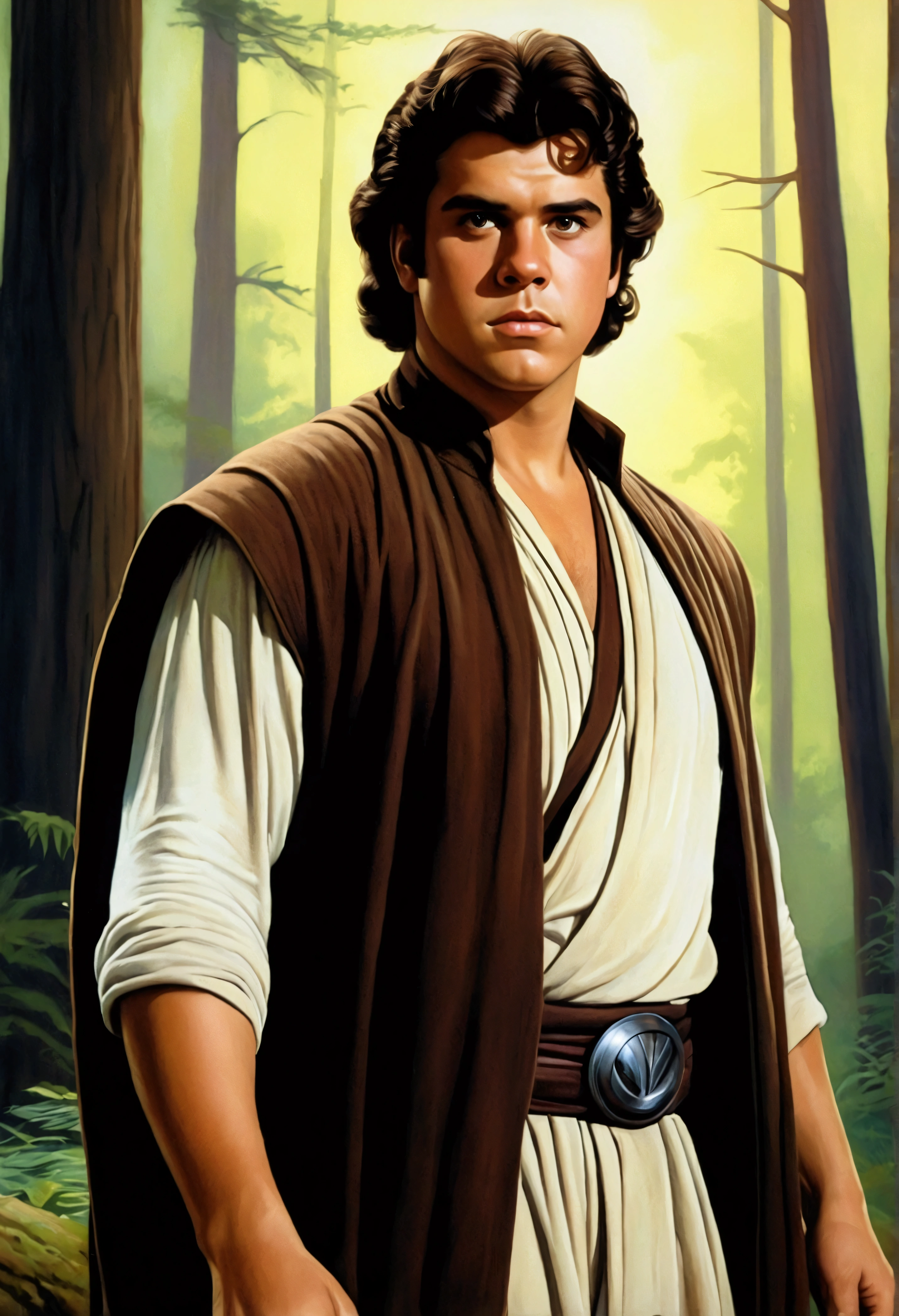 An illustrated movie poster, hand-drawn, full color, a young Jedi, 18-years-old, male, wearing an umbra tunic, portly figure, broad shoulders, muscular, hairy body, lost of body hair, brown eyes, brown-black hair, curly quiff, sun-tanned skin, resembles Lou Ferrigno, hiking through a desolate forest, graphite shading, stencil marks, airbrushed acrylic paint, masterpiece, in the style of Drew Struzan