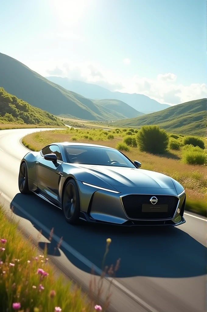 A Nissan car on the road and a landscape 
