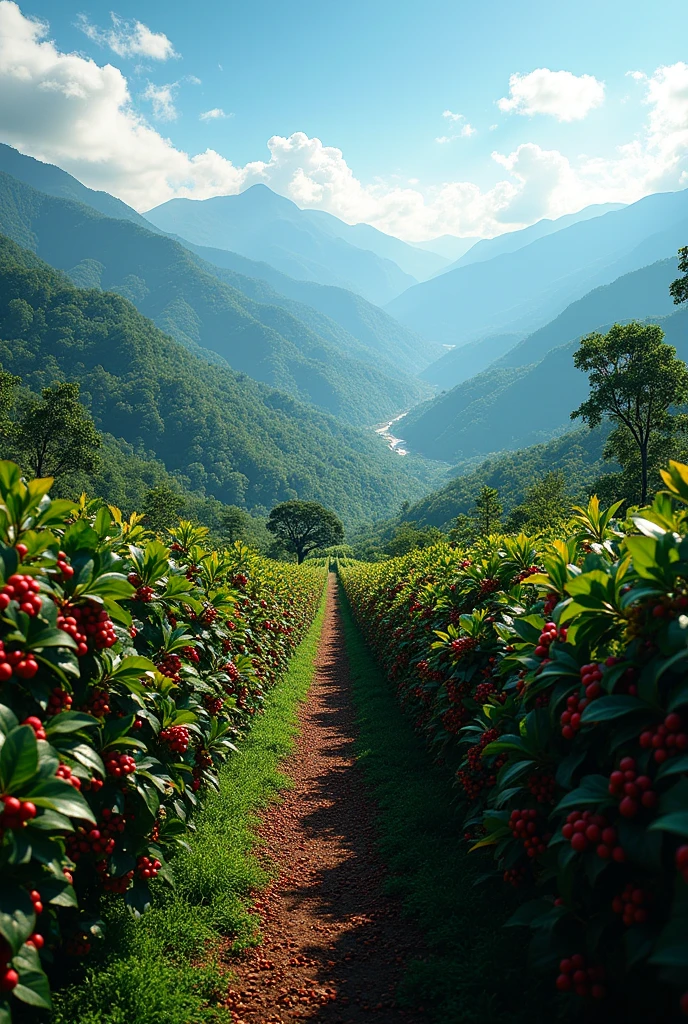 COLOMBIAN MOUNTAINS BACKGROUND WITH COFFEE PLANTATION FULL OF RED COFFEE BEANS AND BEAUTIFUL SKY