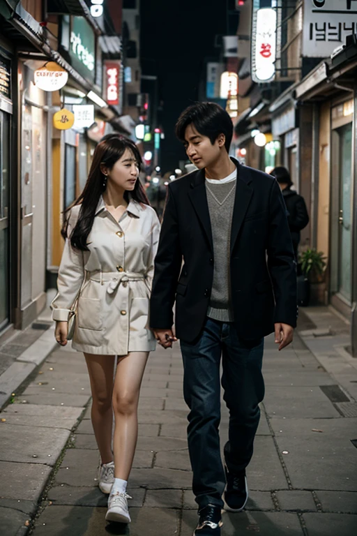 South Korean couple walking down the street in a romantic way