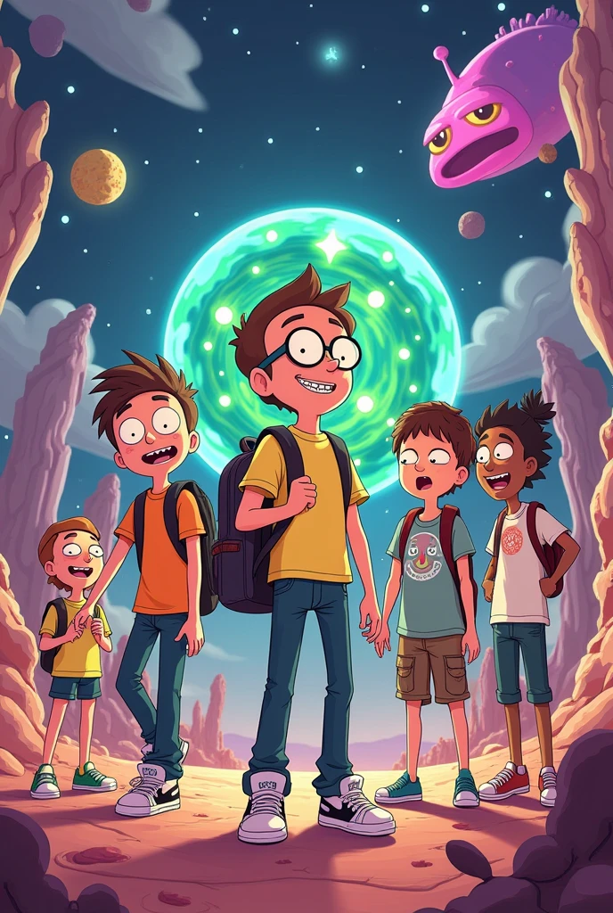 Description for an animated Rick and Morty style image

Create an animated image with five friends in Rick and Morty style. The characters are:

Richi: Boy of average height, white skin, with glasses, black hair, braces. He wears polo shirts, jeans, and white sneakers, and always carries a backpack.
Duck: Tall boy with white skin, with brown hair. He has an athletic but robust build. He wears oversized t-shirts, somewhat baggy pants, and two-color Nike sneakers.
Alex: Boy of average height, dark