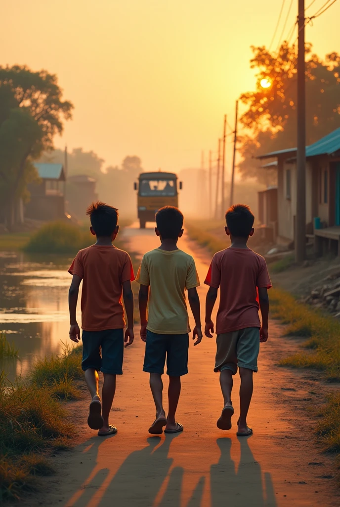 Generate an image 
Three friends boy walking on a pitch road from back side.they are walking on the side of the road..some cng run on the road..the time is evening in Bangladesh 
On Both sides of road there some water and some house and village after water..
There is a brick production chulli Where brick made with