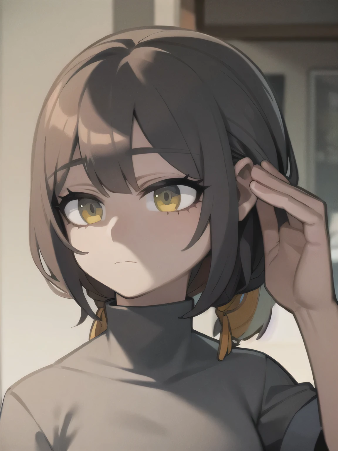 ((head of'artwork, best quality)), (1fille), (bare), (women's home), (ahogé, white dreadlocks hair, Cheveux courts), Yeux s, slight smile, opened mouth, ((chemise blanche), (butt shirt), (Écart entre les boutons)), ((jupe noire), e courte)), debout, white background, arm behind the back, Angle dynamique