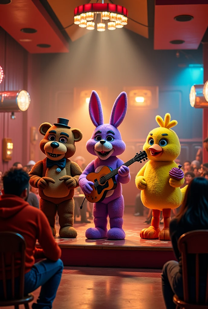 A pizzeria written on top Freddy Fazer Pizza's,This pizzeria has three large animatronics on stage singing, which are a bear with a microphone named Freddy.,a purple rabbit with a guitar named Bonnie and a yellow chicken named Chica holding a cupcake
