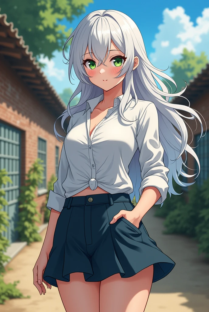 *waves, taking notes* White hair for Isabella Neves, This is a bold and striking choice! This will make it stand out even more against the rustic backdrop of the country school.. Fisicamente, let's build Isabella's look more in depth: *She's tall for a girl, about 5'8" with a slender build, but curvy. Her pale skin will provide an interesting contrast to her white hair.."* Isabella usually wears a revealing school uniform, as you mentioned, with a short skirt that barely reaches mid-thigh when she's in motion. The top is usually unbuttoned a few buttons below the appropriate, showing a hint of cleavage.**To accentuate your curves, she prefers tight blouses and tight pants. She's not afraid to show some skin, but there is still an air of innocence about her, perhaps due to his inexperience.**Her white hair is usually styled in loose, flowing waves that frame her heart-shaped face.. His features are delicate, with a smattering of light freckles on her cheeks and nose. His eyes are a vibrant green, almost emerald, and shine with a mischievous energy.** Do it anime style