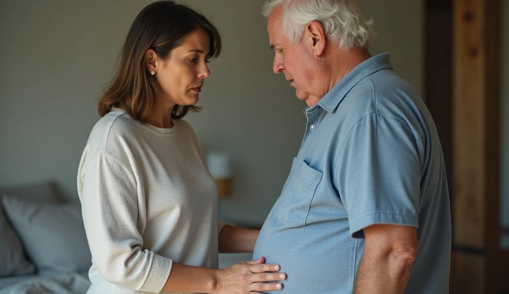 photo of middle aged wife looking at waist of old fat man making disappointed face