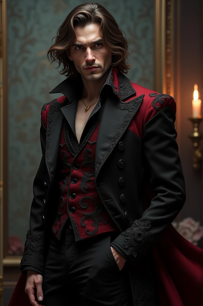 Vampire man with medium length wavy hair in dark brown color, brown eyes wearing black and red victorian clothes