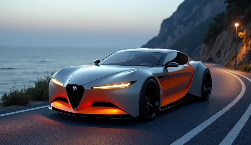 Créer une image HD 16K de haute qualité, ultra réaliste, photo réaliste, plan éloigné, plan plongeant, voitures prototypes année 2040. Vu de 3/4 avant, berline coupé 2 portes, coffre de type malle, Feux diurnes LED allumés en forme de demi-flèche se prolongeant sur la longueur de la calandre et 4 phares en cercle intégrés dans la calandre, grande calandre avant en forme de v se prolongeant de droite a gauche, effet miroir gloss noir haillette vertical, Fenêtres et lunette arrière sur teintées, Intérieur moderne. carrosserie bicolores gris-beige matte et bas de caisse orange matte, Jantes gloss noires alfa romeo, rétroviseur fin orange matte. Positionner sur route avec falaise vue plongeantes sur bord océan, falaise a droite, de nuit, reflets des rayons lune sur carrosserie, ciel étoilé avec nuage epars . Logos en led en forme de V sur nez capot avant.