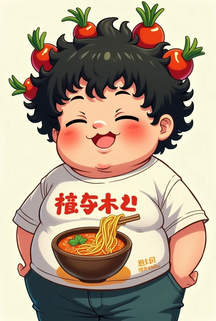 A 2 man with 2 cm curly black hair and a somewhat chubby build with a Lacky brand instant soup theme. His curly hair must have some vegetables simulating instant soup noodles and his shirt must have an instant soup print. It must be like an anime drawing.