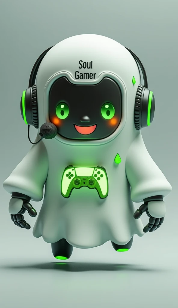 Create a medium-sized robot pet with a ghost-like appearance. With slightly rounded shapes resembling a drop. Create a medium-sized robot pet with a ghost-like appearance. With slightly rounded shapes resembling a drop. On his hands he has well-defined fingers and fluorescent green details.. His facial expression has large, green eyes with a glow, conveying a friendly and cheerful expression. He has a small open mouth with a happy smile and flushed cheeks.. Its body is white with small green details and a smooth, slightly shiny texture.. On his forehead is written the word "Soulgamer".He has a headset on his head with an adjustable microphone positioned close to his mouth.. And on his chest you can see the illuminated shape of a Playstation 5 controller in fluorescent green.. He floats in the air as if he is ready for an adventure, but you can see the tips of their feet which also have fluorescent green details.