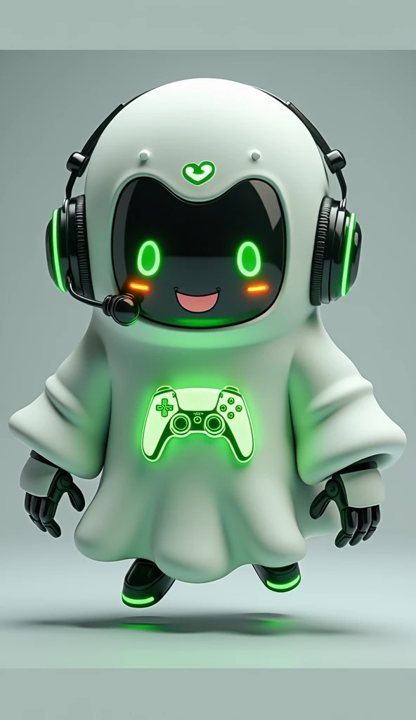 Create a medium-sized robot pet with a ghost-like appearance. With slightly rounded shapes resembling a drop. Create a medium-sized robot pet with a ghost-like appearance. With slightly rounded shapes resembling a drop. On his hands he has well-defined fingers and fluorescent green details.. His facial expression has large, green eyes with a glow, conveying a friendly and cheerful expression. He has a small open mouth with a happy smile and flushed cheeks.. Its body is white with small green details and a smooth, slightly shiny texture.. On his forehead is written the word "Soulgamer".He has a headset on his head with an adjustable microphone positioned close to his mouth.. And on his chest you can see the illuminated shape of a Playstation 5 controller in fluorescent green.. He floats in the air as if he is ready for an adventure, but you can see the tips of their feet which also have fluorescent green details.