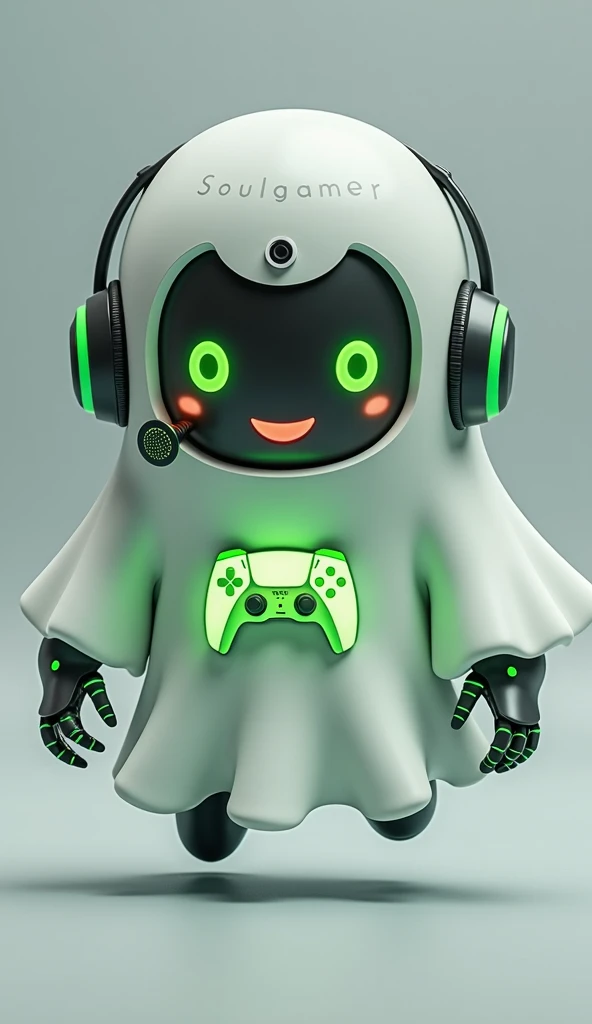 Create a medium-sized robot pet with a ghost-like appearance. With slightly rounded shapes resembling a drop. Create a medium-sized robot pet with a ghost-like appearance. With slightly rounded shapes resembling a drop. On his hands he has well-defined fingers and fluorescent green details.. His facial expression has large, green eyes with a glow, conveying a friendly and cheerful expression. He has a small open mouth with a happy smile and flushed cheeks.. Its body is white with small green details and a smooth, slightly shiny texture.. On his forehead is written the word "Soulgamer".He has a headset on his head with an adjustable microphone positioned close to his mouth.. And on his chest you can see the illuminated shape of a Playstation 5 controller in fluorescent green.. He floats in the air as if he is ready for an adventure, but you can see the tips of their feet which also have fluorescent green details.