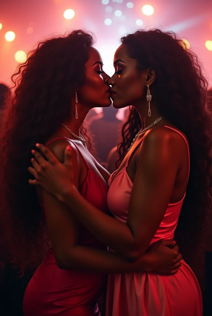 A very sexy lightskin habesha married woman makes love to her her busty asian-latina lover with long flowing hair kissing passionately, touching secretly at a crowded concert both women bodies pressed together tightly hugging each other both have very big busty clevage show big pink lips detailed eyes detailed big bold curly hair wearing long sexy sleeveless silk, very curvy sexy bodies, ultra HD 4k masterpiece, ultra HD 8k masterpiece, cinamtic realistic picture quality