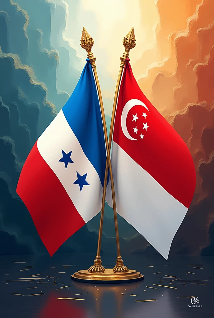 A creative and artistic image of the flag of Panama and Singapore together