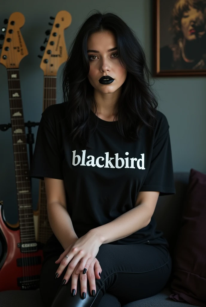 Black lipstick beautiful, full body, gothic, rocker, wearing a t-shirt with the text "Blackbird", leather boots, an electric guitar behind her, HD, super realistic, photography, Canon Rebel, nice pretty body