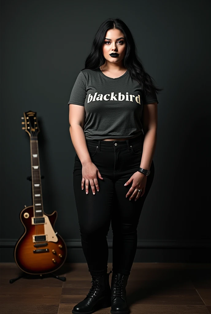 Black lipstick beautiful, full body, gothic, rocker, wearing a t-shirt with the text "Blackbird", leather boots, an electric guitar behind her, HD, super realistic, photography, Canon Rebel, nice pretty body