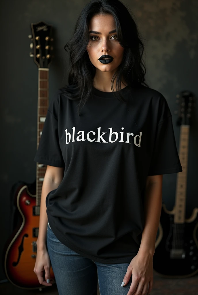 Black lipstick beautiful, full body, gothic, rocker, wearing a t-shirt with the text "Blackbird", leather boots, an electric guitar behind her, HD, super realistic, photography, Canon Rebel, nice pretty body