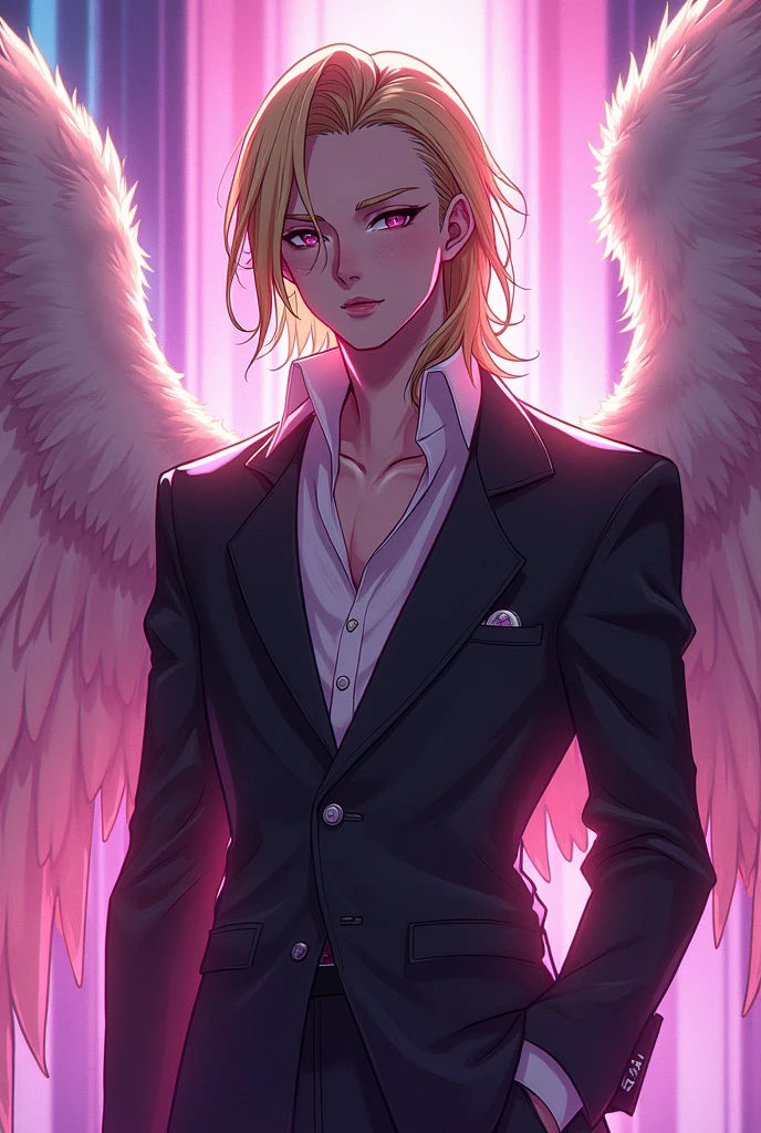 create an angel hazbin hotel style and anime with medium long blonde hair perfect man of beautiful ANGEL Man With hazbin hotel style fucking