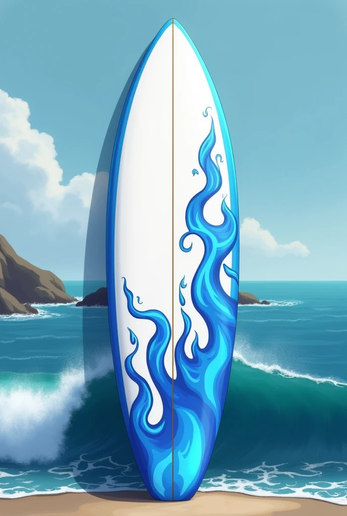 A white fish surfboard with blue flames