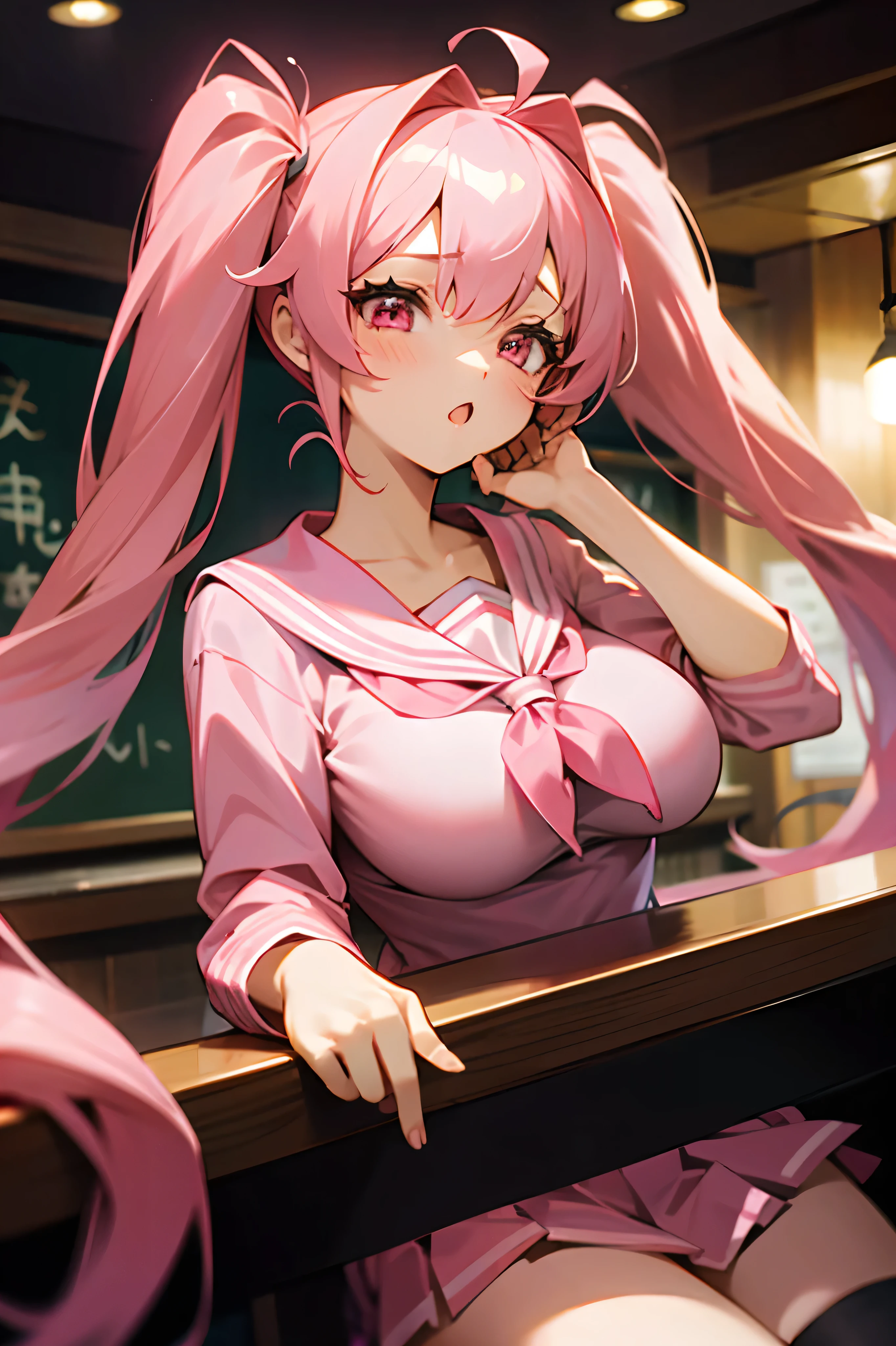 One girl, Long pink hair, Twin tails, Pink Eyes, Pink Sailor Suit, Big Breasts, Drunk, Bar Background