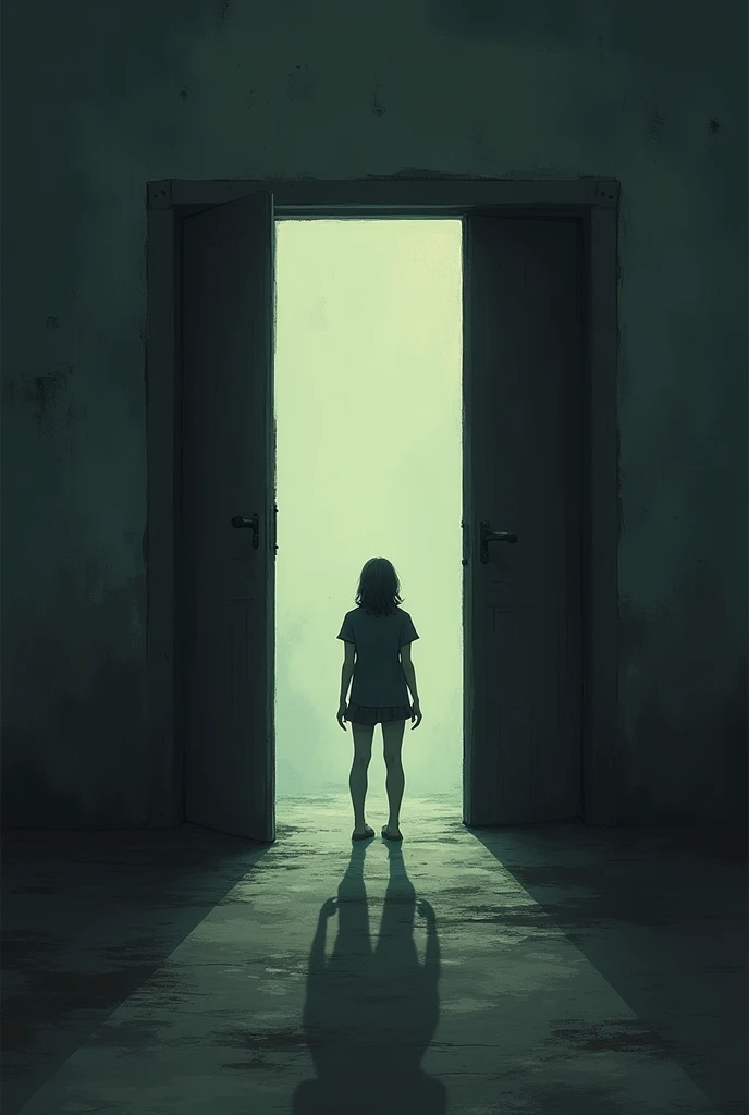 Une personne à la croisée des chemins, un pied dans une porte fermée, l'autre devant une porte ouverte, lumière au bout du tunnel, style réaliste, atmosphère mélancolique