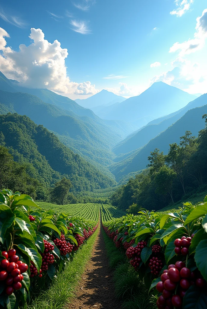COLOMBIAN MOUNTAINS BACKGROUND WITH COFFEE PLANTATION FULL OF RED COFFEE BEANS AND BEAUTIFUL SKY