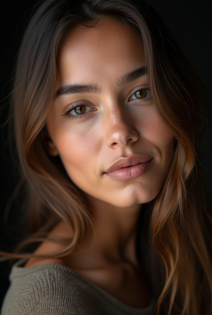 (realism, ULTRA realism, FACE OF 1 GIRL, beautiful skin, ULTRA DEFINED FACE, maximum details, skin pores, realistic textures, perfect and beautiful eyes, beautiful lips, HYPER REALIMO, maximum reality, PROFESSIONAL CAMERA Fujinon XF 100 – 400 mm f/4.5 – 5.6 R OIS WR) Create a hyperrealistic portrait of an 1 Latina female model, slightly tanned white skin, She is beautiful and has delicate features. The model has a face with delicate features. Her eyes are beautiful, well defined light brown color, almond-shaped and a soft light brown color, framed by long dark eyelashes. She has finely arched eyebrows that complement the delicate structure of her face.. His nose is small and elegant, and her lips are full with a soft natural brown tone. Her hair is long, wavy and light brown, falling gently on his shoulders. The expression on her face is serene and graceful., with a slight hint of a smile. The background must be black, professional study, Professional lighting enhances and highlights the focus on your delicate features. The lighting is soft and even, highlighting the subtle contours of your face, giving the image a warm and cozy feel. maxima defincion