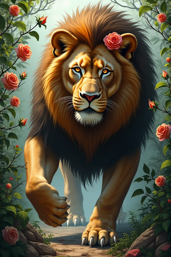 Create an image of a lion walking through a rose bush, where a rose is visible above one of his ears, You can see on the lion&#39;s hands the scars from the cuts made by the rose bush&#39;s thorns and the lion&#39;s jaws are half open.