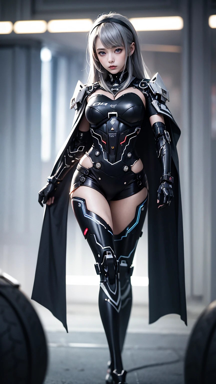 masterpiece, Highest quality, 4K, Mecha, starry null, null, performer(null), Cape, head band, Thin legs, Long Hair, Gray Hair, cyber punk, Depth of written boundary, Blurred Background,