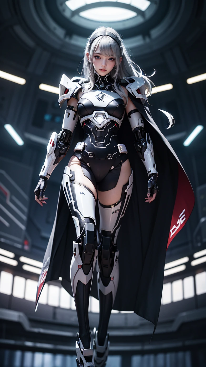 masterpiece, Highest quality, 4K, Mecha, starry null, null, performer(null), Cape, head band, Thin legs, Long Hair, Gray Hair, cyber punk, Depth of written boundary, Blurred Background,