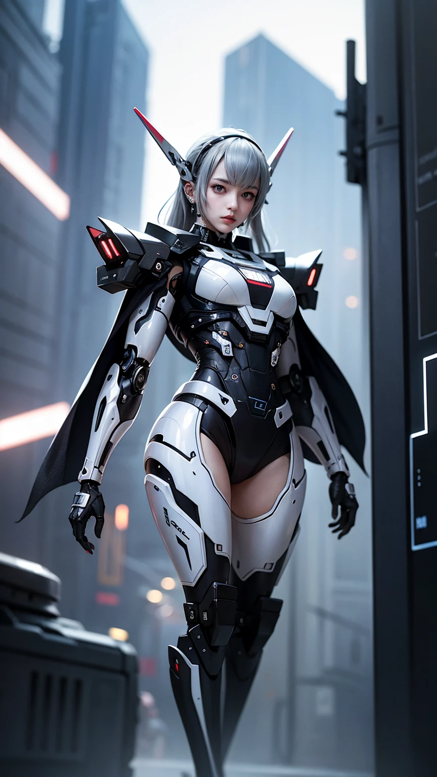 masterpiece, Highest quality, 4K, Mecha, starry null, null, performer(null), Cape, head band, Thin legs, Long Hair, Gray Hair, cyber punk, Depth of written boundary, Blurred Background,