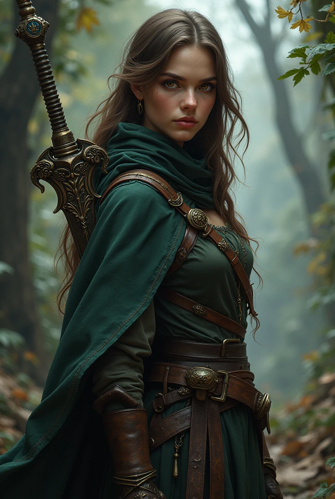 young woman vagabond with triangle face she is a knight herbalist with brown hair and amber eyes with her weapon in dark fantasy style