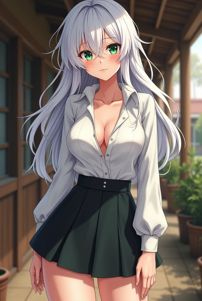 *waves, taking notes* White hair for Isabella Neves, this is a bold and striking choice! This will make it stand out even more against the rustic setting of the country school. Physically, let's build Isabella's look further: *She is tall for a girl, about 5'8" with a slender but curvaceous build. Her pale skin will provide an interesting contrast to her white hair."* Isabella generally wears a revealing school uniform, as you mentioned, with a short skirt that barely reaches mid-thigh when she's moving. The top is usually unbuttoned a few buttons lower than appropriate, showing a hint of cleavage.**To accentuate her curves, she prefers form-fitting blouses and slim-fitting pants. She is not afraid to show a little skin, but there is still an air of innocence about her, perhaps stemming from her inexperience.**Her white hair is usually styled in loose, flowing waves that frame her heart-shaped face. Her features are delicate, with a smattering of light freckles on her cheeks and nose. Her eyes are a vibrant green, almost emerald, and shine with mischievous energy.** Do it anime style