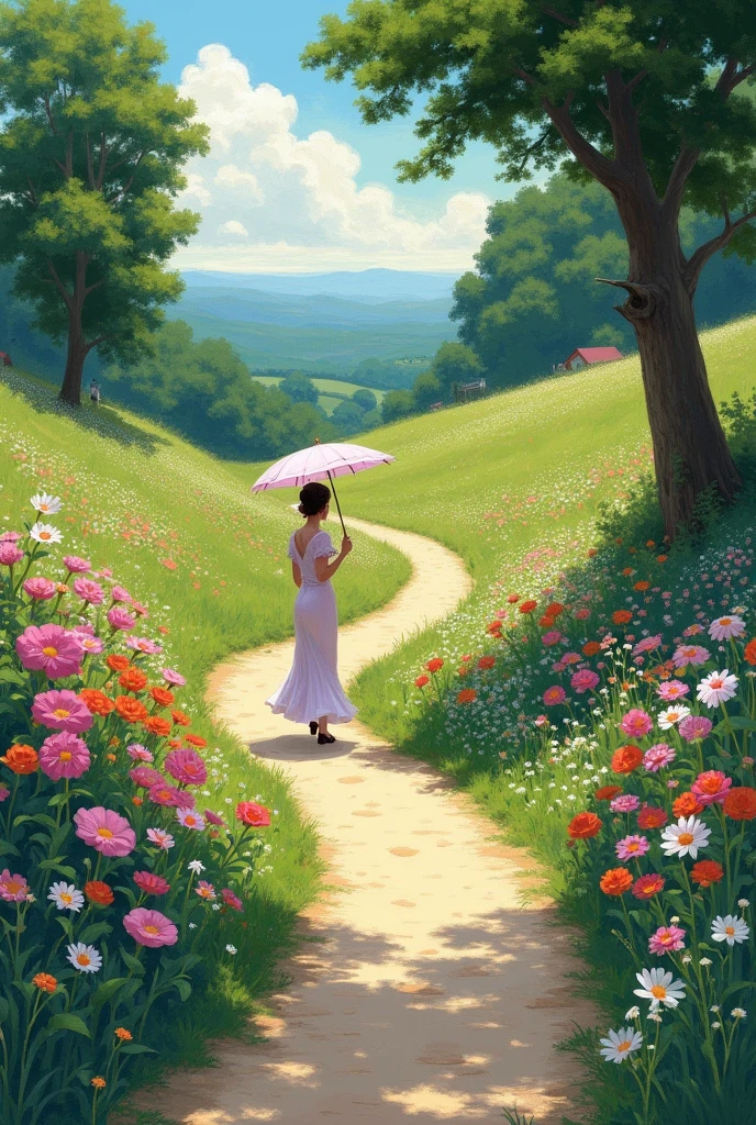 A wild pathway spilling with summer flowers, a distant view of a noblewoman passing by with a parasol, the figure of the noblewoman blending into the landscape, the scene of Cézanne's painting, illustration, and the best quality of the picture.