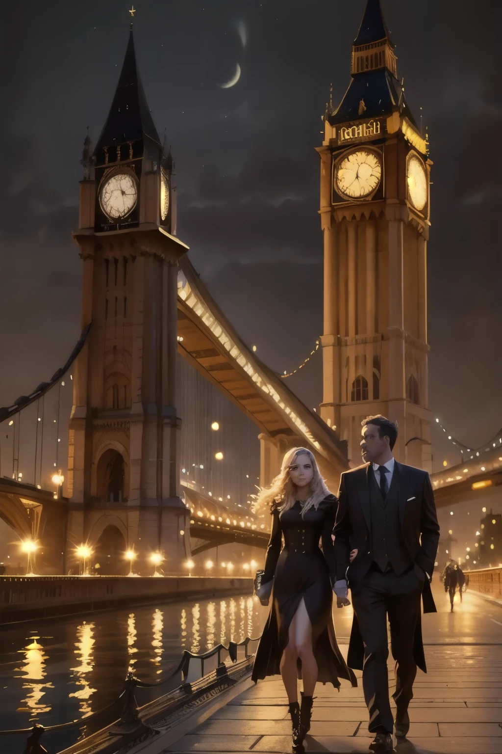 people walking on a bridge in a city at night with a large clock tower in the background, classic scenario, arstation and beeple highly, city street, metropolis, Albert Edward Hughes's draw style