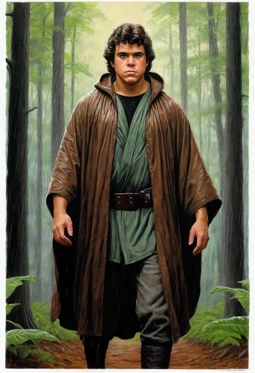 An illustrated movie poster, hand-drawn, full color, a young Jedi, 18-years-old, male, wearing a dark rain poncho, portly figure, broad shoulders, muscular, hairy body, lost of body hair, brown eyes, brown-black hair, curly quiff, sun-tanned skin, resembles Lou Ferrigno, hiking through a rainy forest, graphite shading, stencil marks, airbrushed acrylic paint, masterpiece, in the style of Drew Struzan