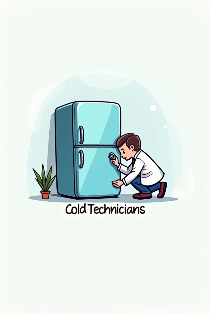 A cartoon logo of a refrigerator, a human crouching down, placing a stethoscope on it, and the name Frio Tec, slogan for cold technicians 