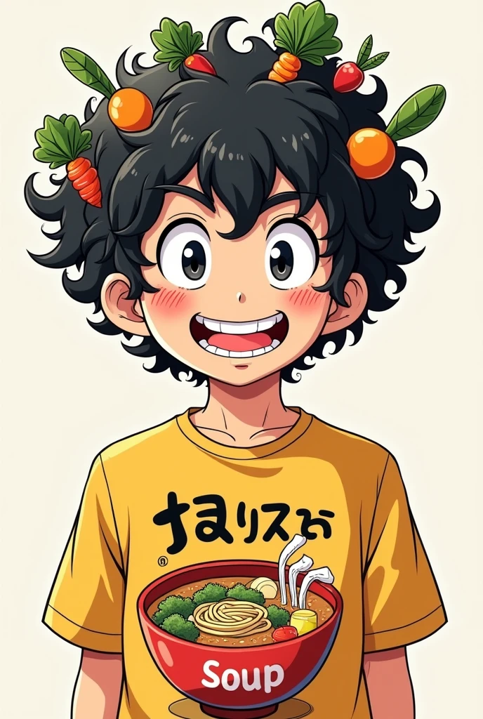 A 2 man with 2 cm curly black hair and a medium build with a Lacky brand instant soup theme. His curly hair should have some instant soup vegetables on it, pretending to be instant soup noodles, and his shirt should have an instant soup print. It should be like an anime drawing.