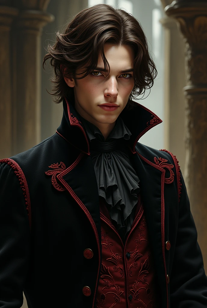 Young vampire man with medium length wavy hair in dark brown color, brown eyes wearing black and red victorian clothes