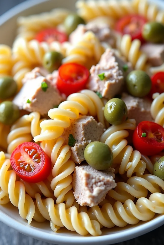 Tuna Pasta Salad A light and refreshing option, ideal for the hottest days, with screw pasta, CANNED TUNA, cherry tomatoes and olives. 
