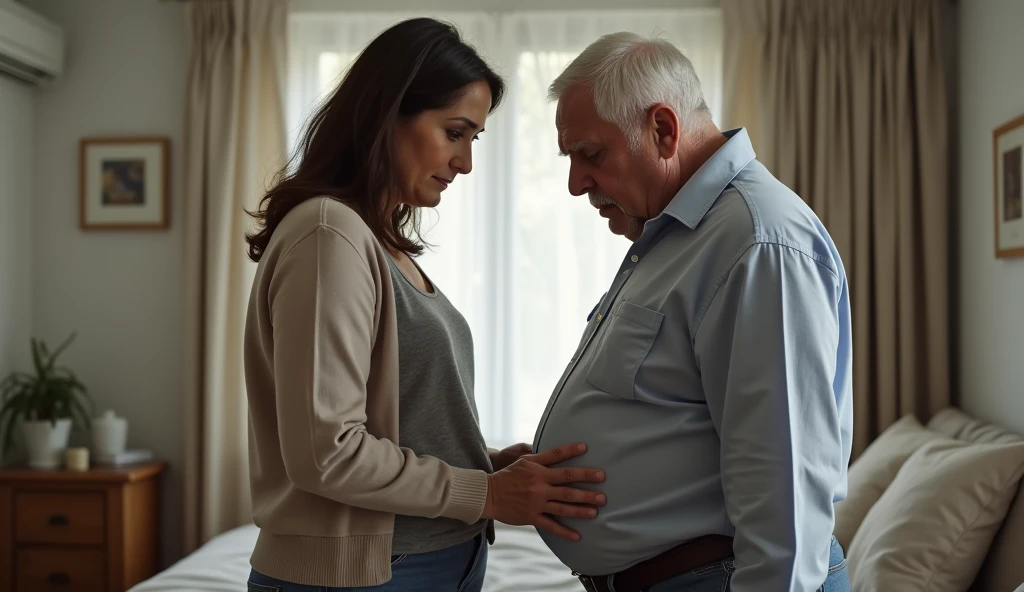 wife bent down looking at the waist of an old fat man making a disappointed face