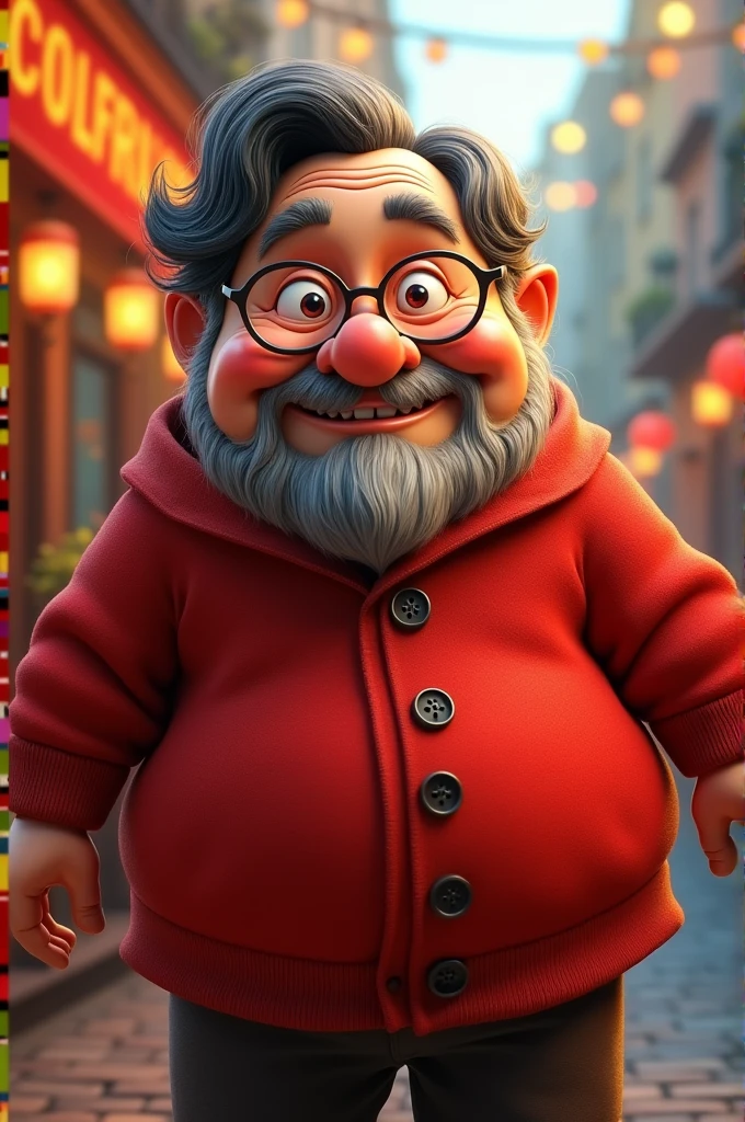 Chubby dark-haired old man with glasses and red clothes mascot