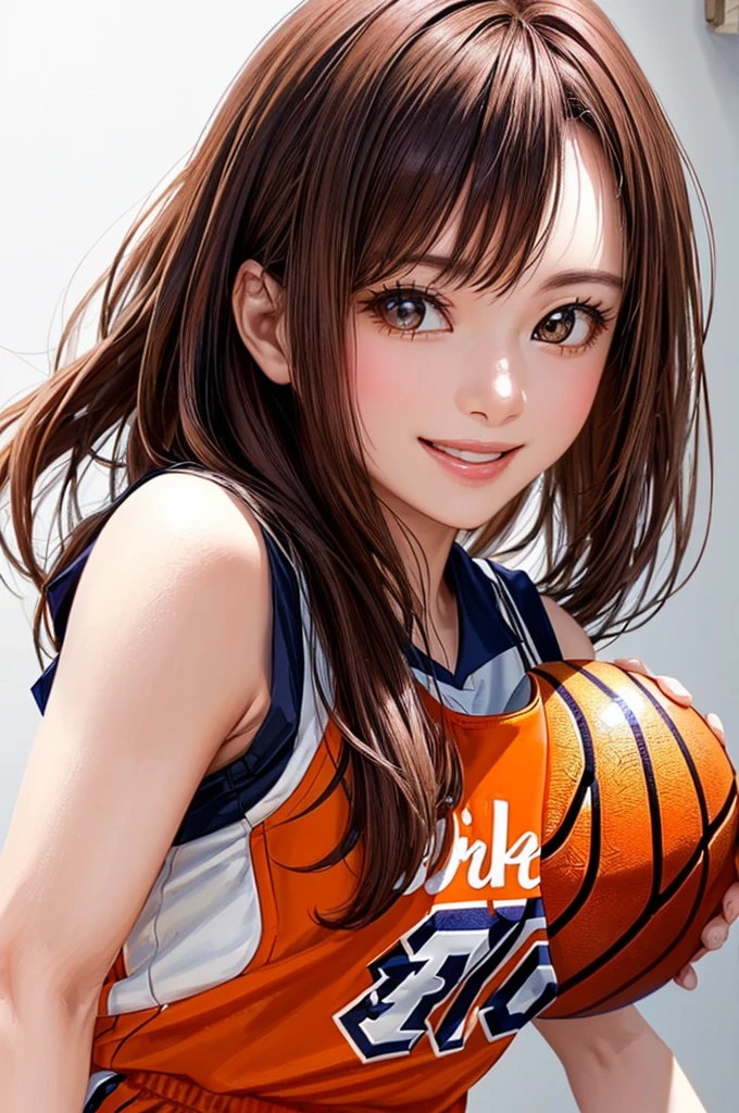 (((Highest quality、8k、32K、masterpiece)))、(Realistic)、(Realistic:1.2)、(High resolution)、Very detailed、Very beautiful face and eyes、1 person、Round and small face、Tight waist、Delicate body、(close、Highest quality、Attention to detail、Rich skin detail)、(Highest quality、8k、Oil paints:1.2)、Very detailed、(Realistic、Realistic:1.37)、Bright colors、(((Orange Hair)))、(((Vermilion hair)))、(((Cowboy Shot)))、(((Long Hair)))、(((The ends of the hair are tied)))、(((Pure white wall background)))、(((Wearing a basketball uniform)))、(((Orange and white basketball outfit)))、(((smile)))、(((1 female)))、(((Tank top style uniform)))、