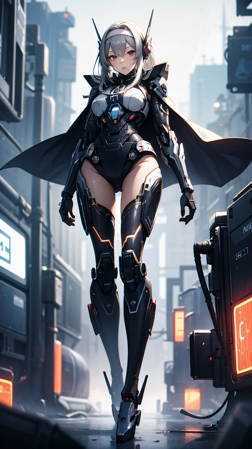 masterpiece, Highest quality, 4K, Mecha, starry null, null, performer(null), Cape, head band, Thin legs, Long Hair, Gray Hair, cyber punk, Depth of written boundary, Blurred Background,