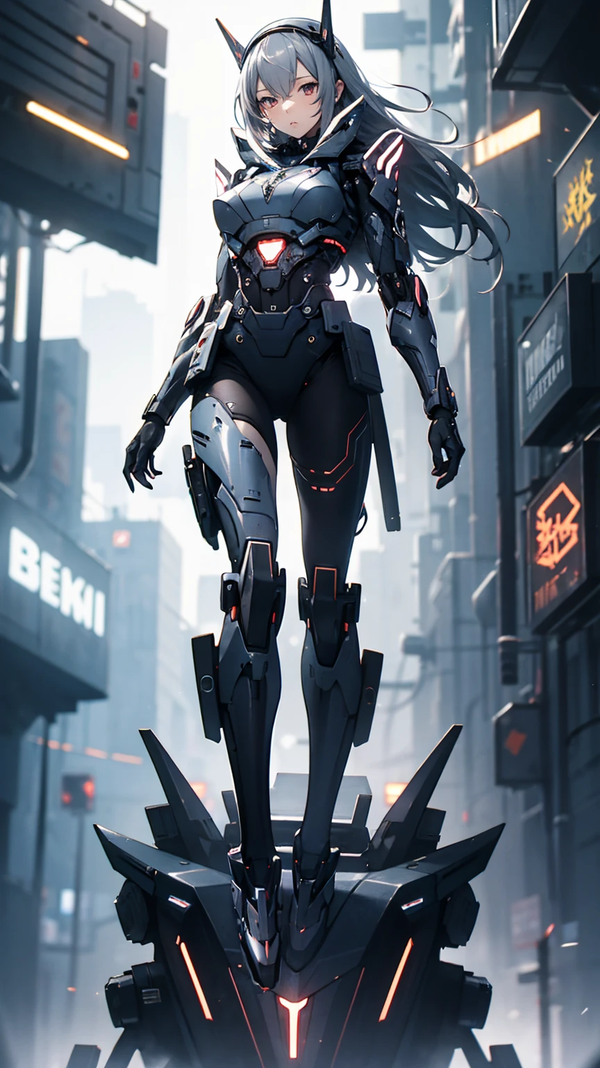 masterpiece, Highest quality, 4K, Mecha, starry null, null, performer(null), Cape, head band, Thin legs, Long Hair, Gray Hair, cyber punk, Depth of written boundary, Blurred Background,