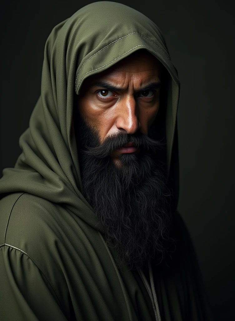 A man with a long dark beard and piercing eyes. The man is wearing an olive green robe with a Muslim head covering that partially hides his face, giving him an air of mystery and severity. The lighting and composition create a dramatic effect of light and shadow, highlighting the person's strong facial features and lending an air of contemplation or seriousness to the image. Overall, it is a compelling and evocative image that invites the viewer to imagine the story or character behind the subject's compelling gaze.